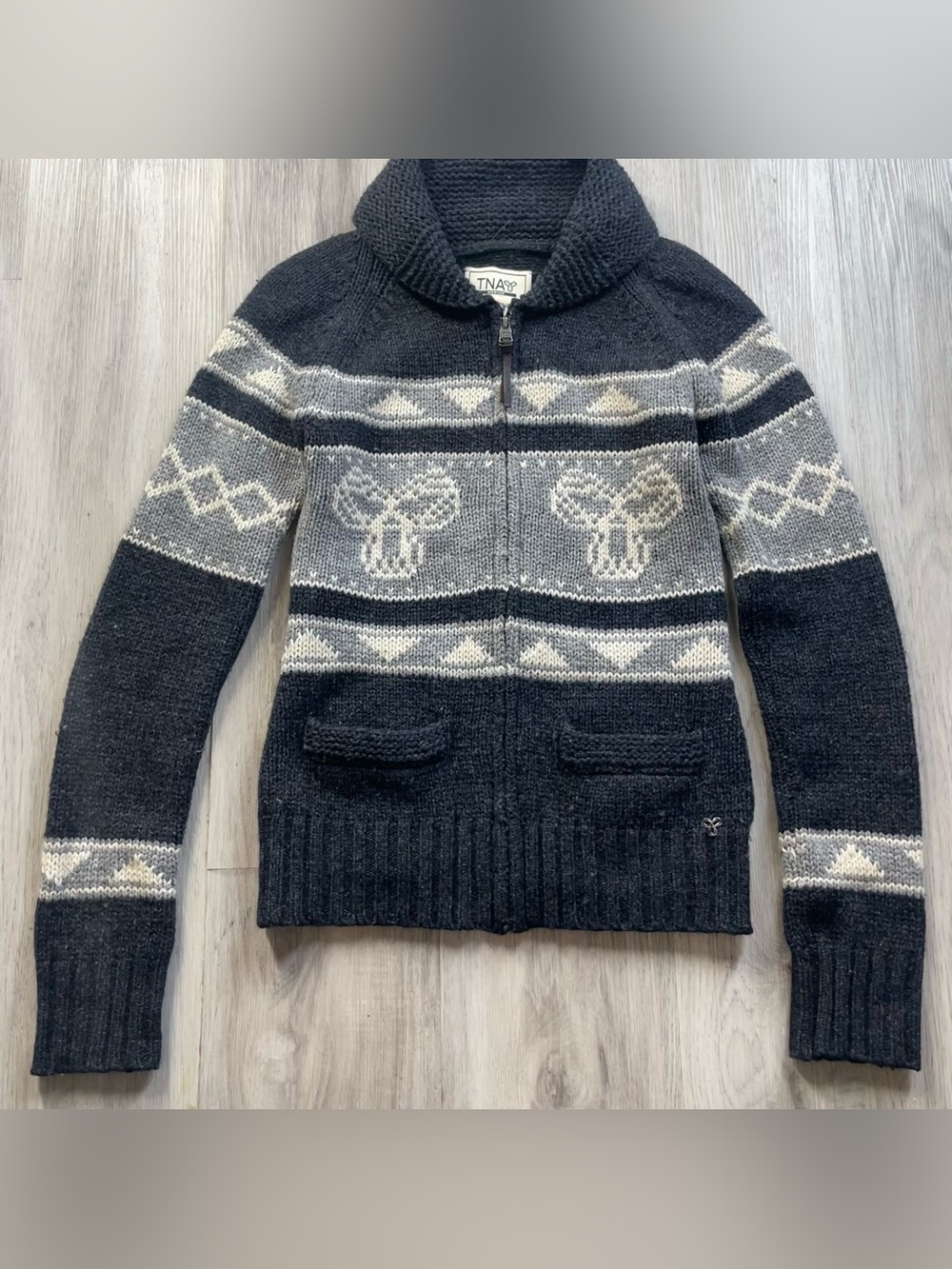 TNA Black & Gray Fair Isle Zip-Up Cardigan